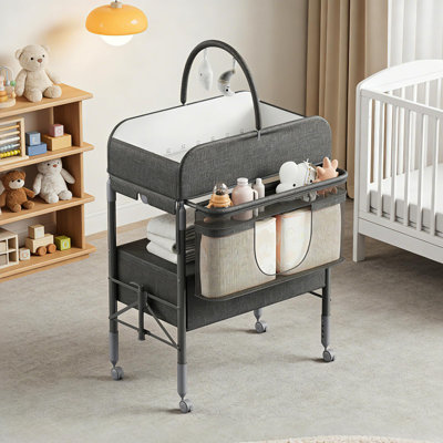 Baby Changing Table, Diaper Changing Station for Nursery, Infant Changing Table with Steel Frame and Soft Fabric Top, Modern Baby Furniture for Newborn Boys and Girls, Black