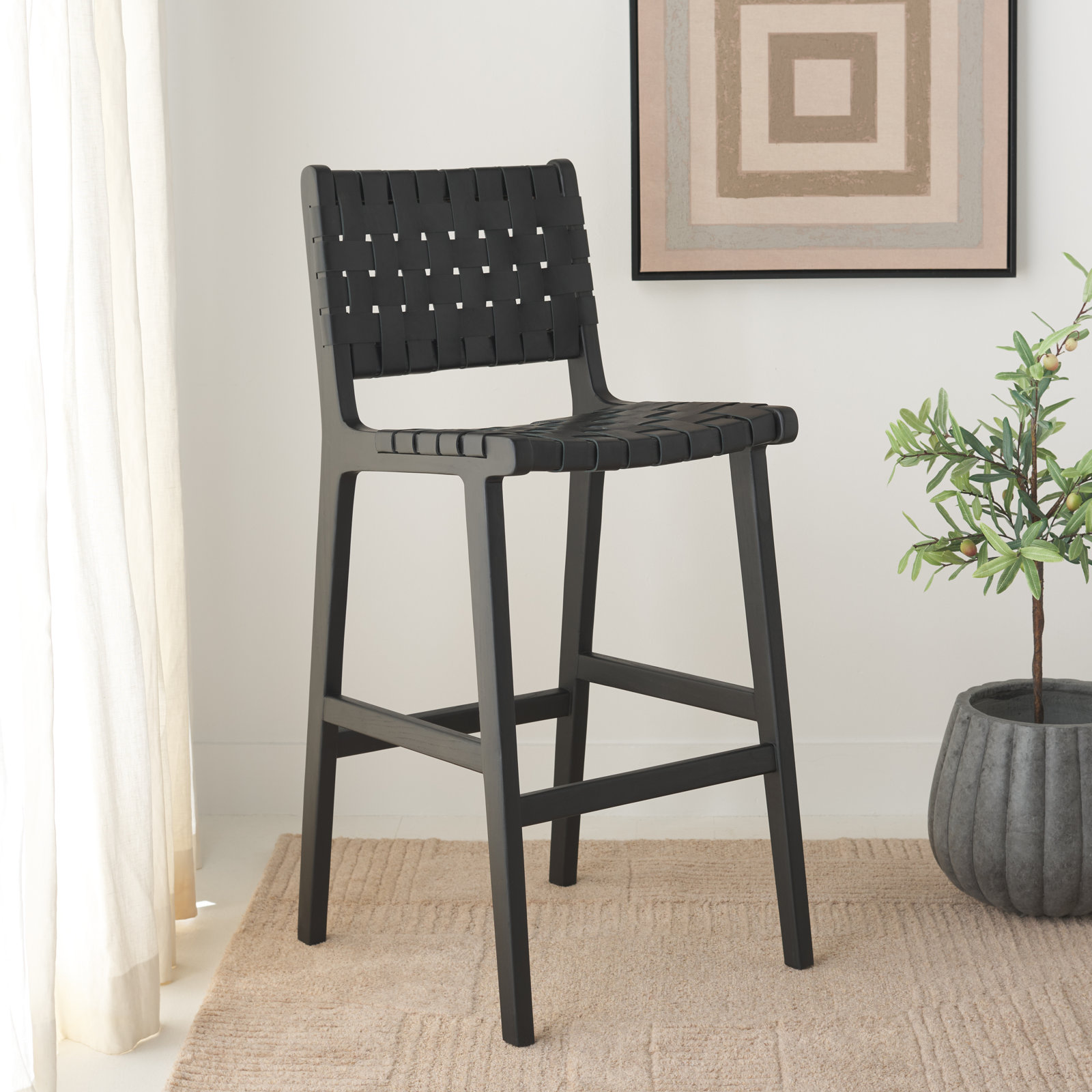 Alston Leather Stool, Bar Stool (29.70" Seat Height), Black Leather/Black Frame