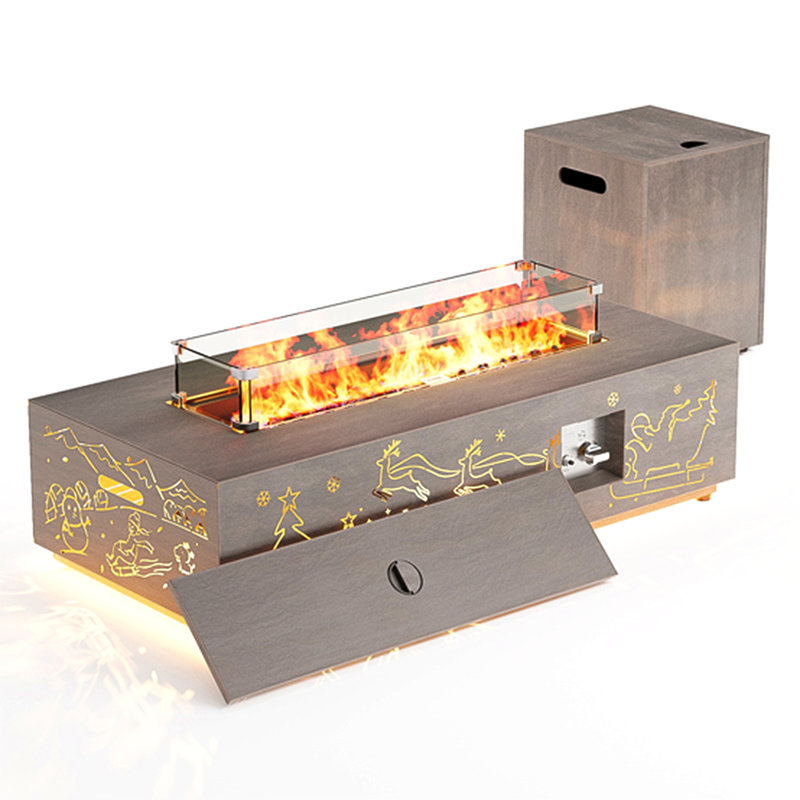 42" Propane Gas Fire Pit Table 50,000 Btu Featuring Hollowed Out Christmas Patterns And Golden Light, Light Browm