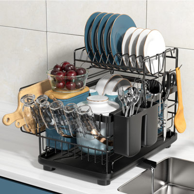 2 Tier Dish Drying Rack With Drainboard, Cutlery Holder, Cutting-Board/ Cup Holder And 3 Hooks For Kitchen Counter, Rust-Proof Large Dish Drainer