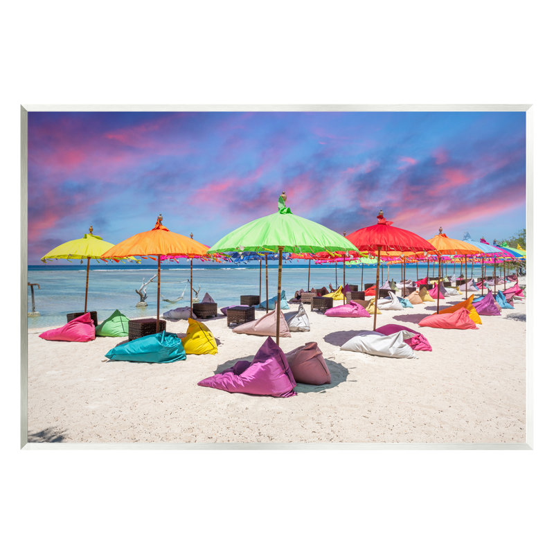 Ba-091 - Parapluies de plage encadrés sur toile par impression argentée, H 13 po x l 19 po x P 0,5 po