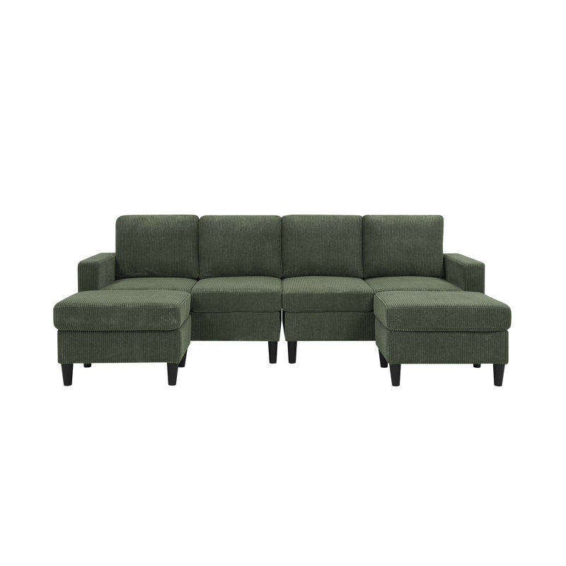 Cordory Upholstered Modular Sectional With 2 Ottomans, Dark Green Corduroy