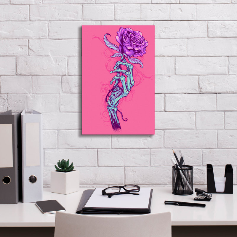 Bassirou squelette à la main avec rose sur toile, H 18 po x l 12 po x P 0,75 po