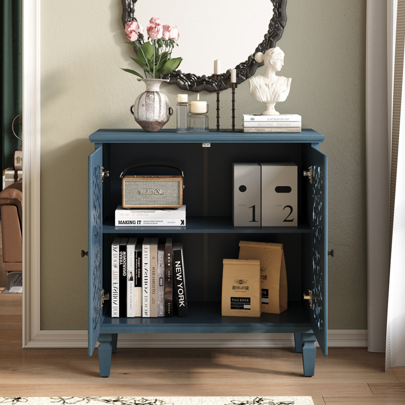 Vintage Hollow-Carved Accent Cabinet, 2-Door Display Storage Sideboard with Symmetrical Floral Design, Adjustable Shelf and Solid Wood Legs