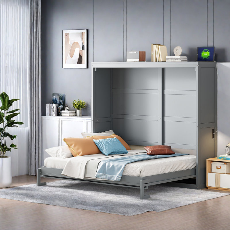 Lit escamotable double pleine grandeur, Gris, Double