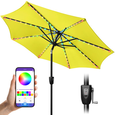 7.5 Ft Solar Umbrella, 32 COLORFUL LED Lighted Patio Umbrella,Outdoor Umbrella, Yard Umbrella, Market Umbrella With 8 Sturdy Ribs, Push Button Tilt And Crank