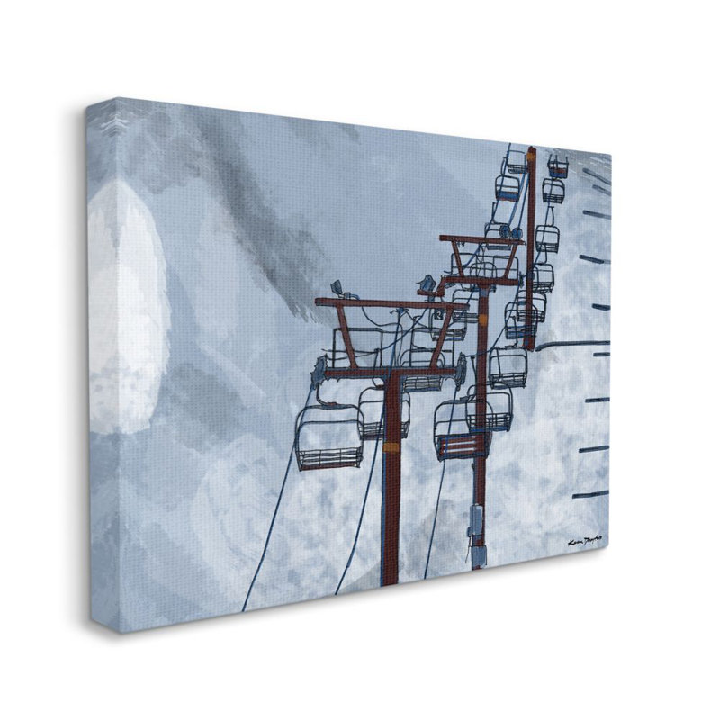 «Ski Lift Blue Sky» par Karen Dreyfus - reproduction de dessin, H 24 po x l 30 po x P 1,5 po, Toile tendue
