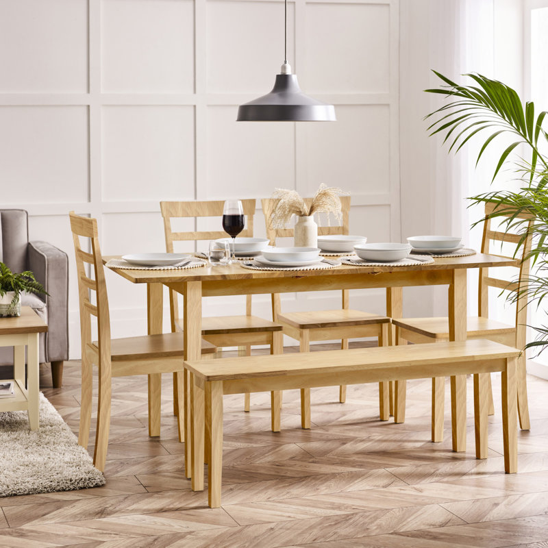 Alissah Rubberwood Extending Dining Table Set - Traditional Rustic Farmhouse Style, 6 Pieces: Table, Bench, 4 Chairs, Oak