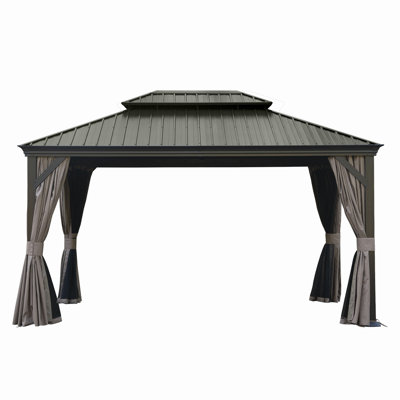 Pavillon de jardin à toit rigide 10 pi x 14 pi, pavillon en métal amélioré avec système de drainage, toit en acier galvanisé à double couche, rideau et filet, auvent d'abri extérieur pour patio, jardin et cour arrière