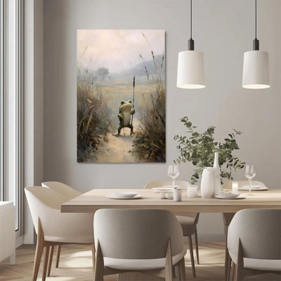 2D Flat, 1Pc Framed Canvas Wall Art, Frog with a Staff, Wild Path, Impressionist Oil Painting Style Art Print Canvas Poster Painting Room Wall Decor,