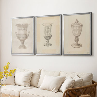 Vintage Sketch XXVIII  -Custom Framed  Wrapped Gallery Canvas - 3 Pieces