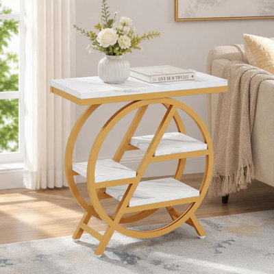 4-Tier Double Round Luxury Side Table, White Faux Marble Particleboard Golden Metal Frame Staggered Shelf Sofa End Table