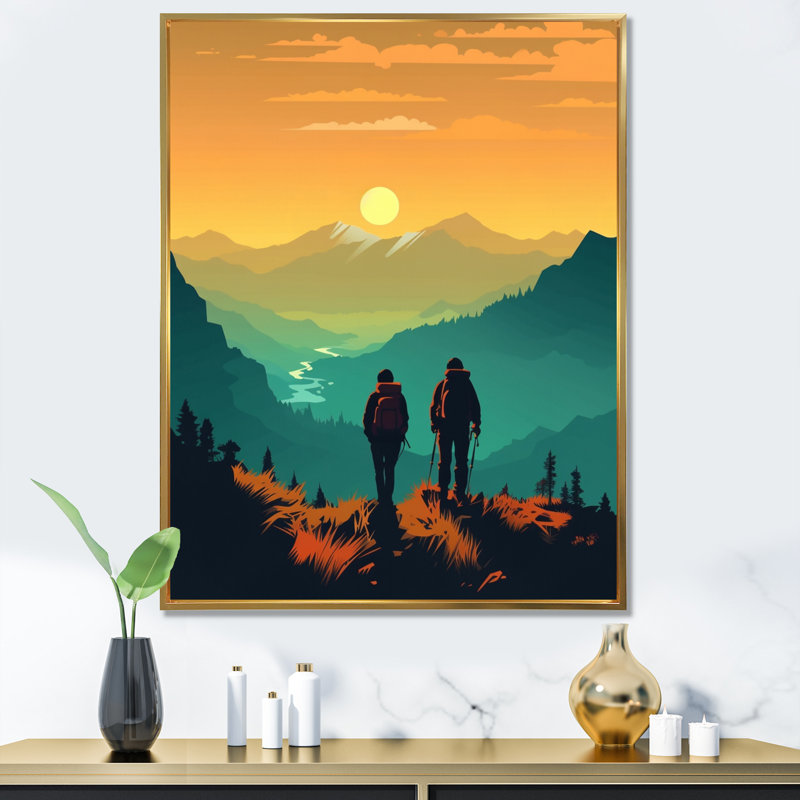 Coucher de soleil audacieux jaune sarcelle audacieux II, H 32 po x l 16 po x P 1 po, Cadre flottant doré