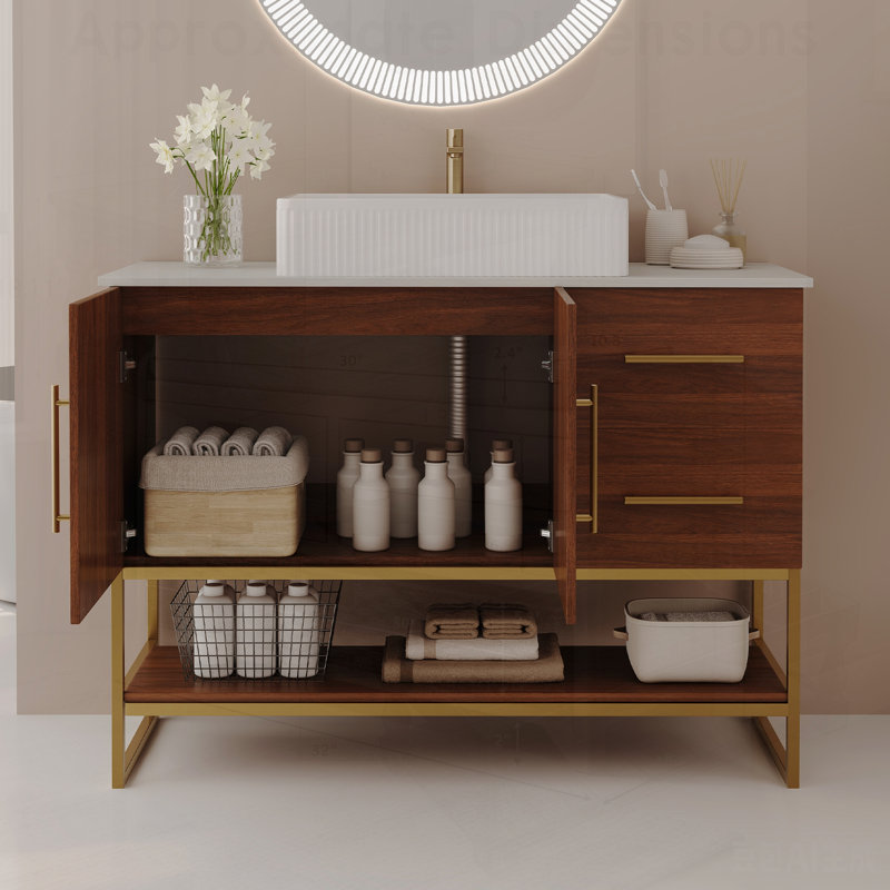 Meuble-lavabo moderne avec lavabo vasque en céramique, armoire autoportante dorée