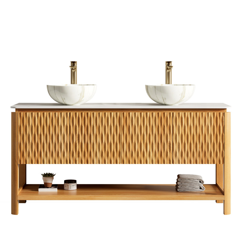 Meuble-lavabo de 152 cm (60 po) avec lavabos, armoire de rangement autoportante en contreplaqué avec 4 portes texturées en bambou et étagère ouverte, 2 lavabos en céramique et comptoir en pierre frittée