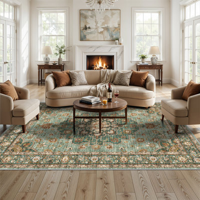 Washable Oriental Area Rug - Rugs for Living Room Soft Carpet for Bedroom Waterproof Floral Distressed Indoor Stain Resistant Non-Shedding Floor Carpets (Green)