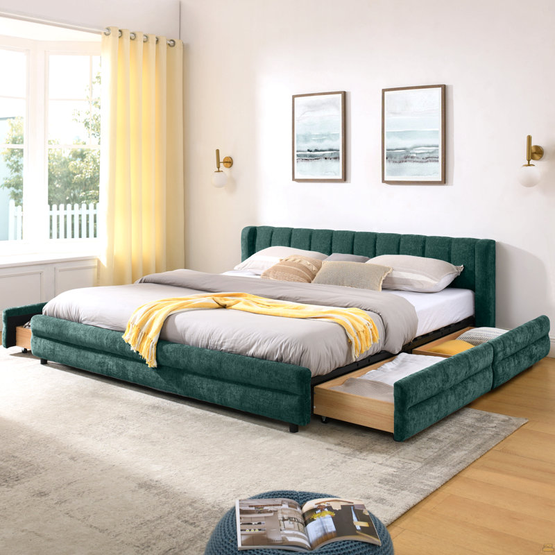 Très grande base de lit tapissier avec tissu épais, Très grand lit, Vert