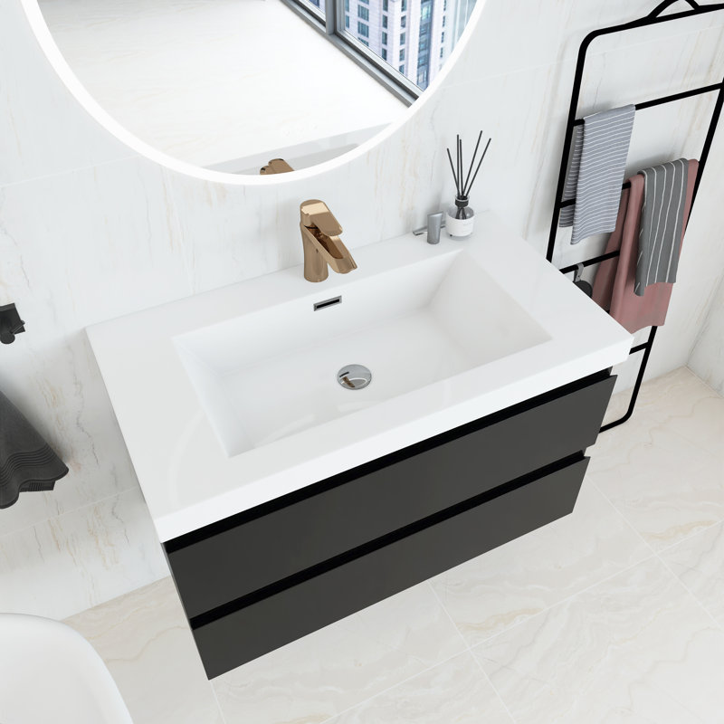 Meuble-lavabo mural simple 36 po avec plateau en résine Derrald, Noir