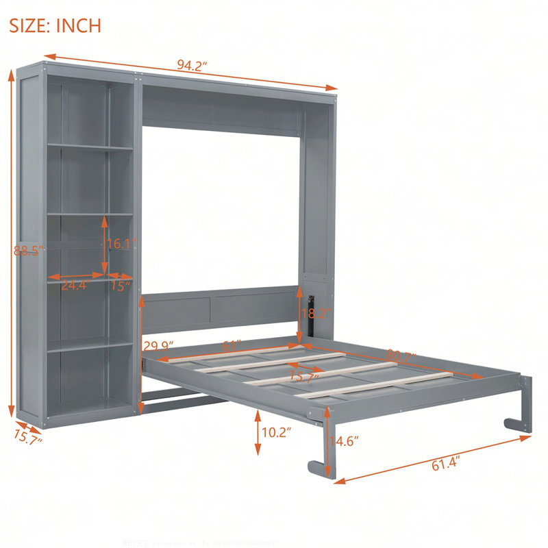 Lit escamotable mural avec tablettes Murphy, gris, Grand