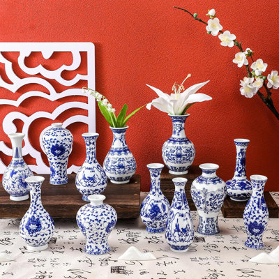 12 pièces vase en porcelaine bleue et blanche en porcelaine, mini poterie bourgeoise en céramique de style oriental classique, fait à la main, à la main, avec fleurs chinoises pour bureau à domicile