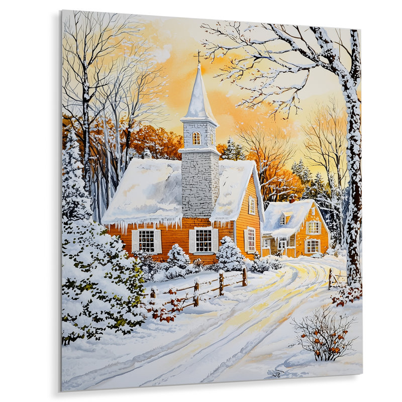«Snowy Winter Church In Canada II», impression sur métal, paysages d'hiver, 20" H x 12" W