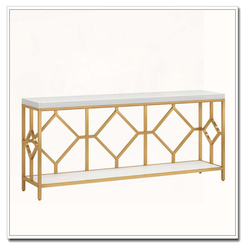 Industrial Two-Tier Console Table with Diamond Pattern Metal Frame