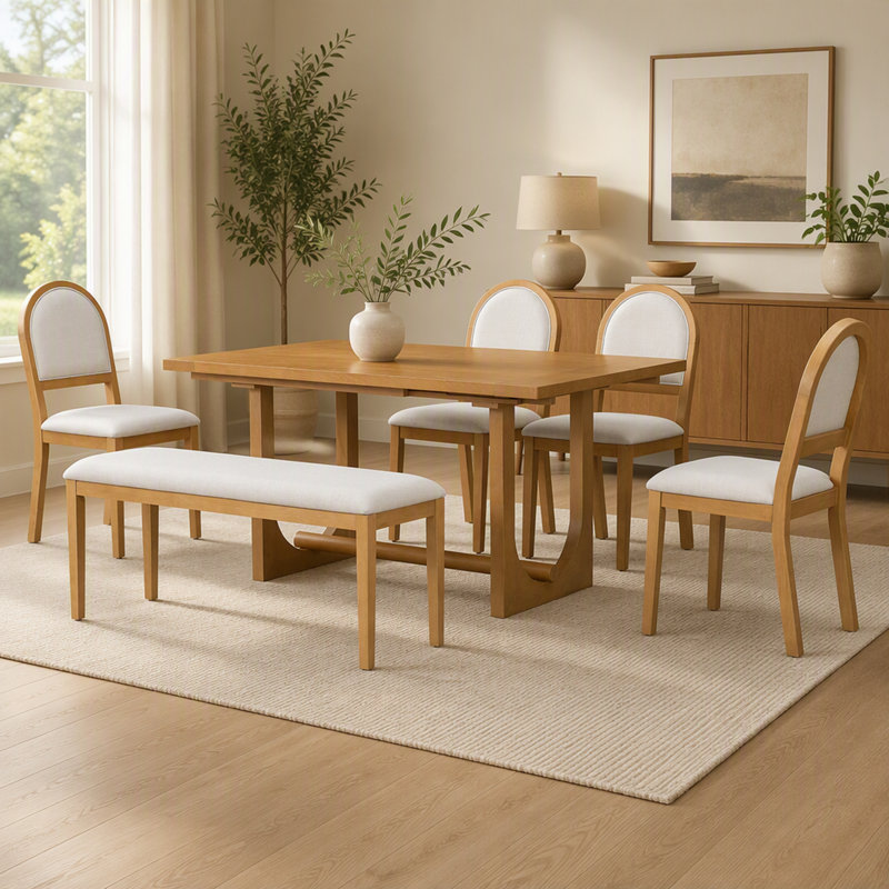 Ensemble de table et de chaises extensibles en bois massif pour 6 personnes avec banc rembourré