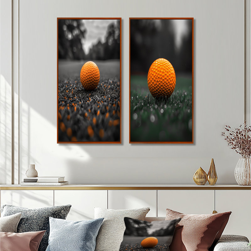 Ensemble de 2 balles de golf monochromes gris orange I, H 40 po x l 40 po, Impression encadrée, Brun