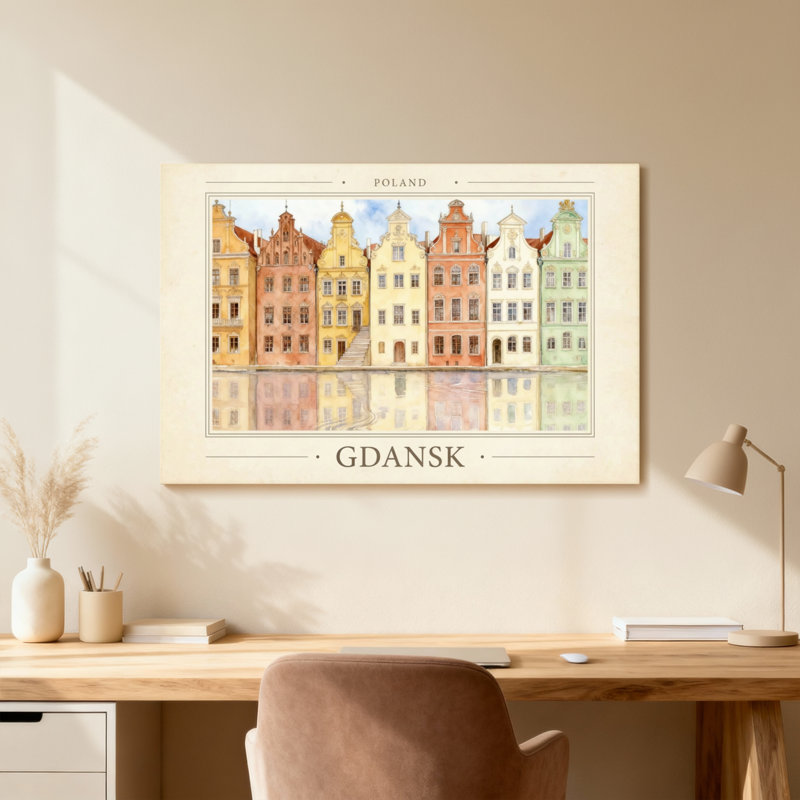 Paysages pittoresques et paysages urbains colorés reflétés dans l'eau, H 16 po x l 24 po, Toile tendue, Ne s’applique pas