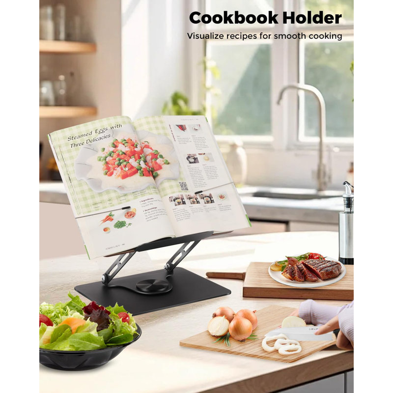 Book Stand For Reading, Adjustable Book Stand Holder With 360° Swivel Base, Foldable Desktop Textbook Stand With Elastic Page Clips, Ideal For Recipe, Tablet, Hands Free