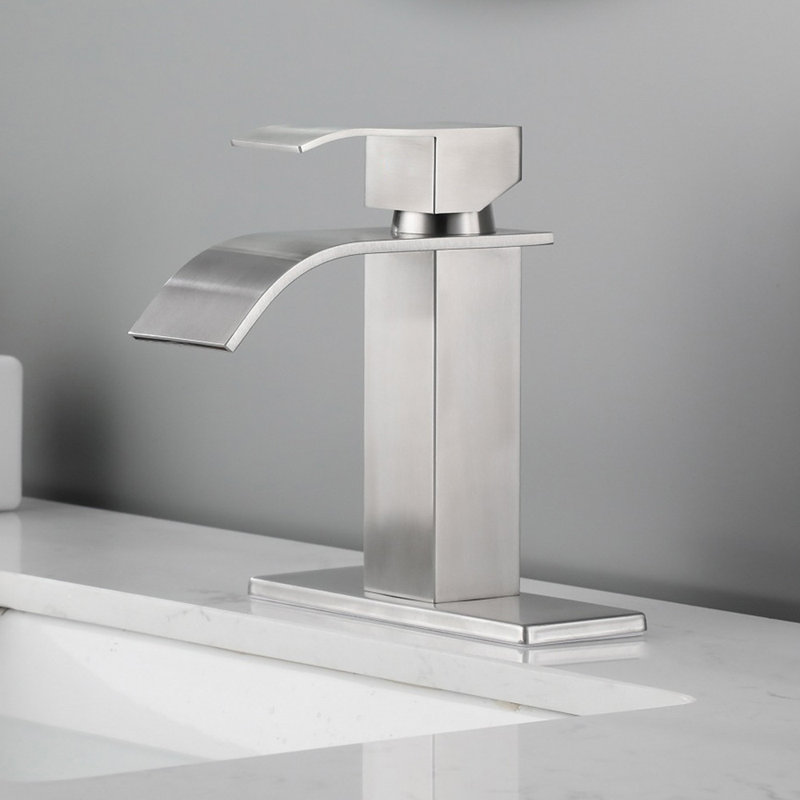 Single Handle Waterfall Bathroom Sink Faucet with Deck Plate in Brushed Nickel, Brushed Nickel