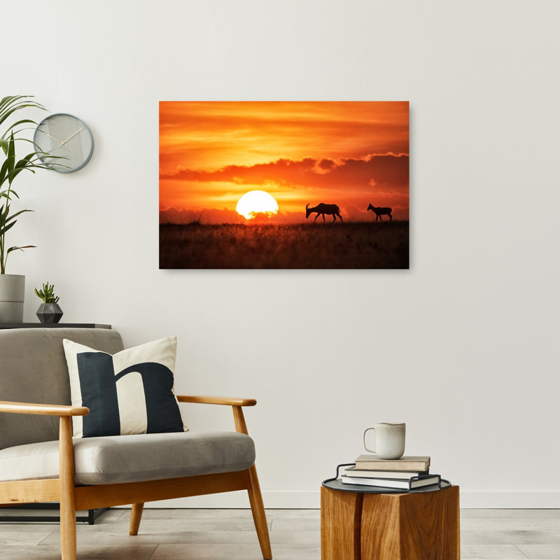 Coucher de soleil africain, antilope abstrait, paysage contemporain de cheval, reproduction d'art murale, 36" H x 24" W