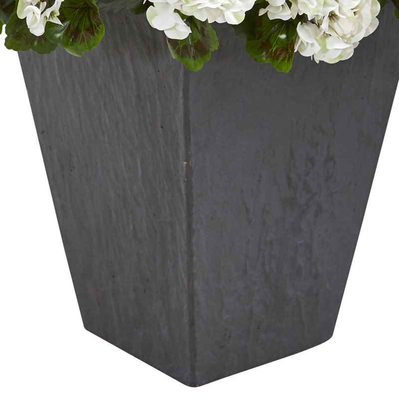 33in. Geranium Artificial Plant in Slate Planter UV Resistant (Indoor/Outdoor), Blanc