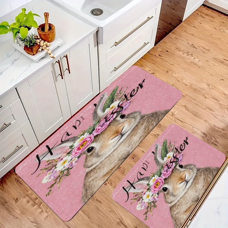 Tapis de cuisine antidérapant à motif floral avec lapin de Pâques, 2 pièces, Lapin de Pâques rose / gris à motif floral