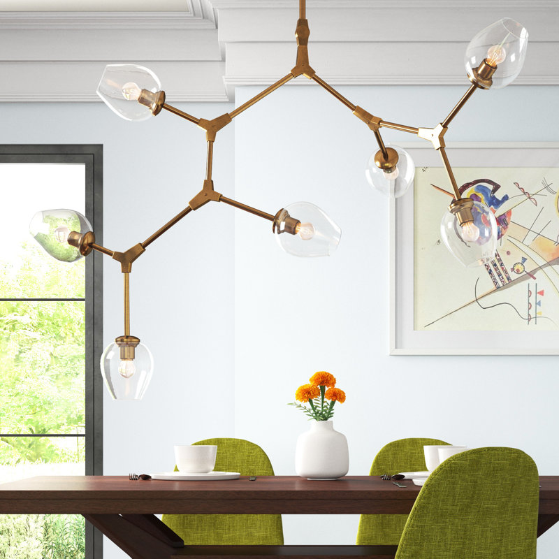 Spinks 7-Light Sputnik Modern Linear Chandelier , Brass, 7 Lights, 67"