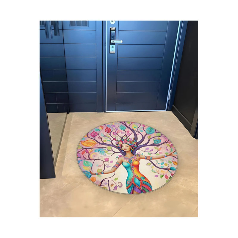 Multicolored Woman And Tree Of Life Detailed Woven Base Modern Decorative Carpet, Round 3'4"