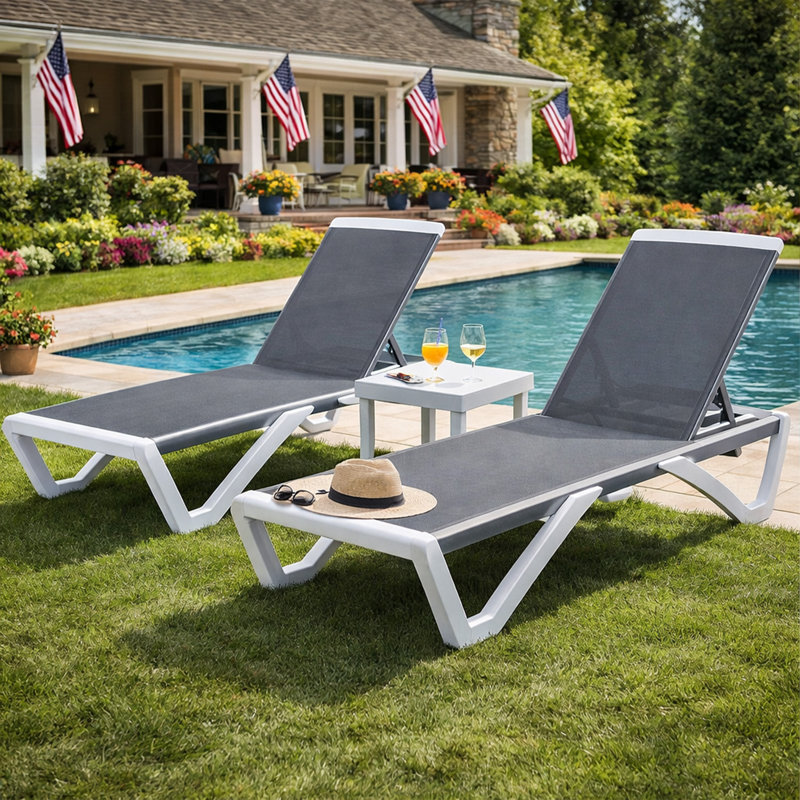 Kozyard Outdoor Chaise Lounge Chair, Full Flat Adjustable Patio Lounger With Aluminum Frame & Resin Legs, Textilene Fabric For Poolside, Backyard & Beach (Gray, 2Chairs With Table)