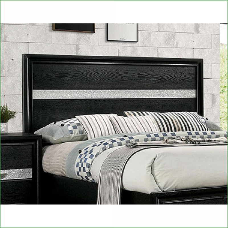 Cadre de lit grand format avec panneau de rangement en bois massif noir pour chambre principale contemporaine