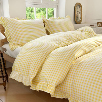 Ensemble de housse de couette à volants Gingham, ensemble de housse d'édredon à carreaux en microfibre prélavée