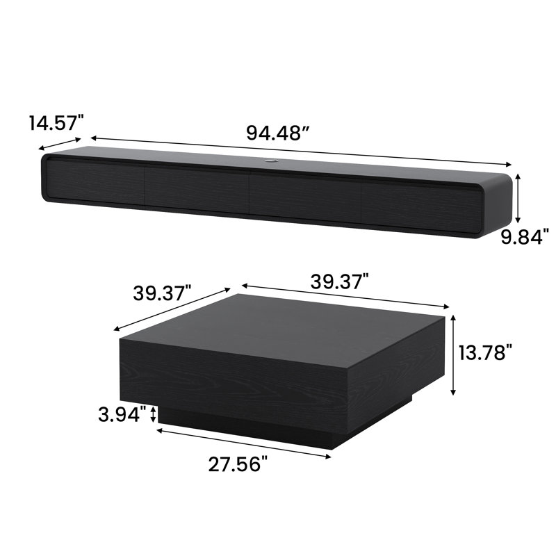 Meuble télé flottant avec table basse carrée 39,37 po Blosse, entièrement assemblé, Noir, H 9,84 po x L 14,57 po x l 94,48 po