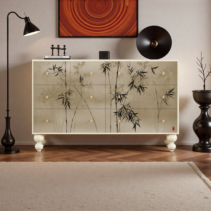 Commode 6 tiroirs en bois massif au design rétro en bambou, Ivoire blanc