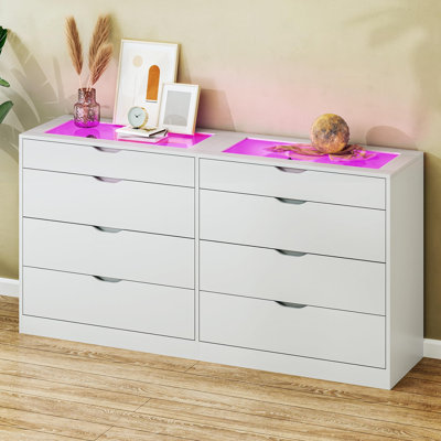 8-drawer White Dresser With Led Display Glass Top