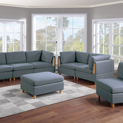 Contemporary Living Room Furniture 7Pc Sectional Sofa Set Steel Dorris Fabric Couch 4X Wedges 2X Armless Chair And 1X Ottomans (Sectional)