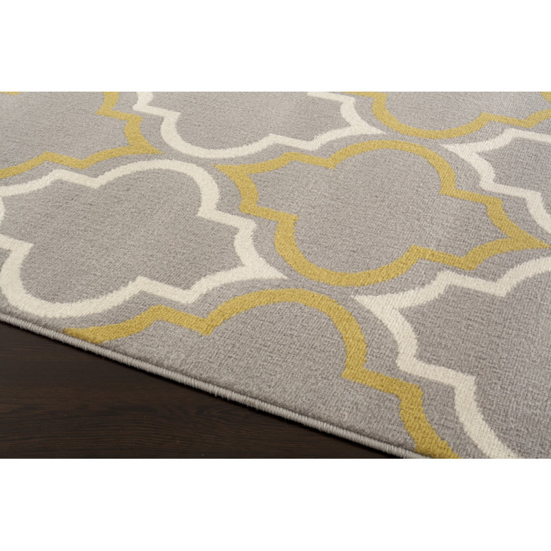 Tapis gris / jaune à motif géométrique, Rectangle 5 pi x 7 pi