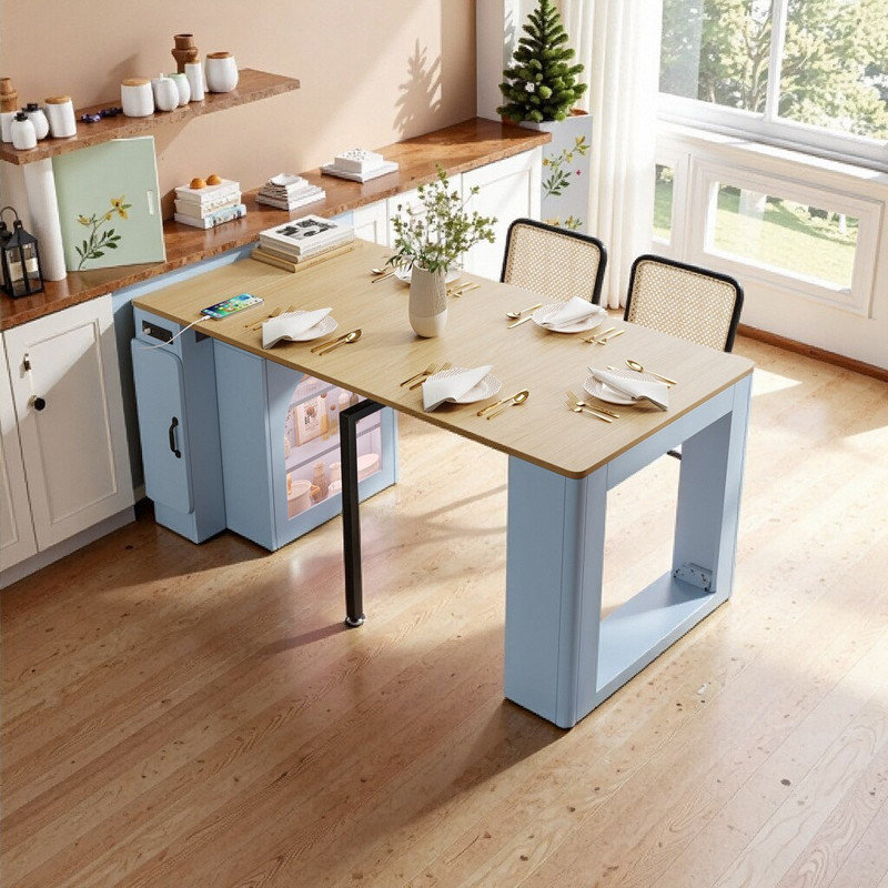 15.6"–59" Extendable Mobile Dining Table With Removable Leaves Power Outlets 3-Tier Storage And LED Lighting