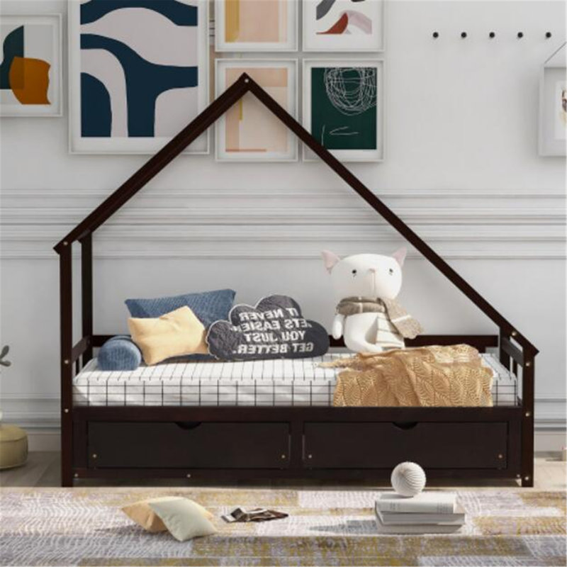 Lit de jour extensible avec deux tiroirs, lit maison en bois avec tiroirs, lit, canapé-lit, style moderne, sommeil confortable, gris