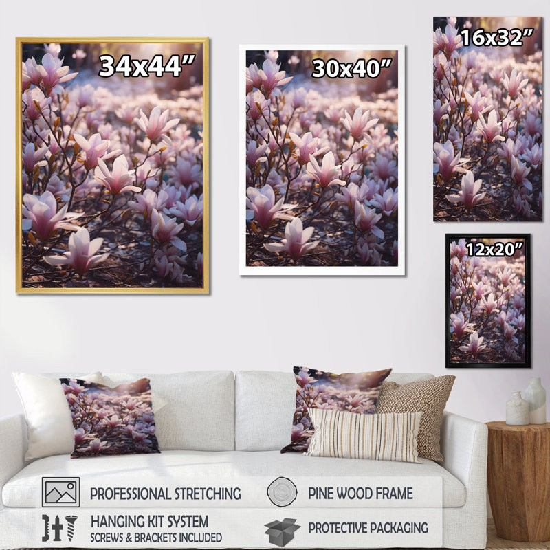 Rose, brun, magnolia, nature, sérénité II, H 32 po x l 16 po x P 1 po, Cadre simple noir