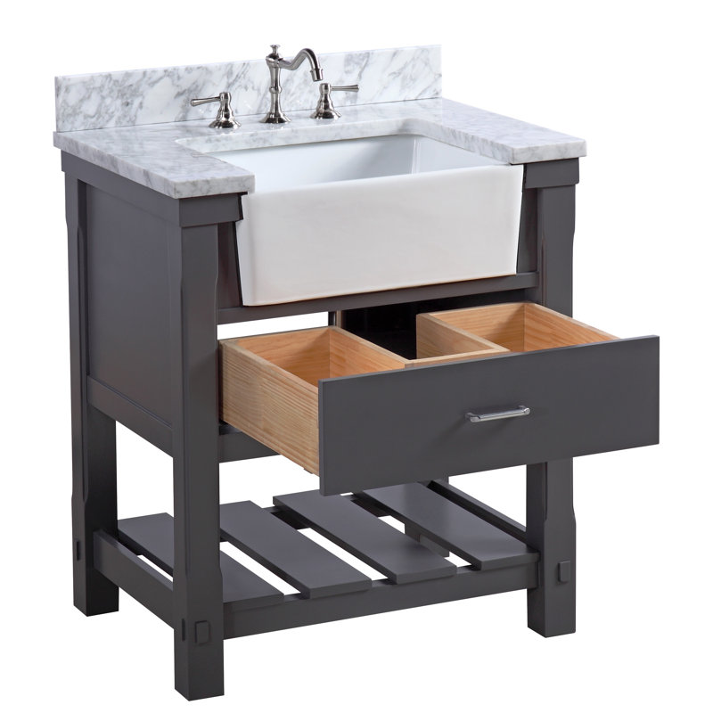 Hitton 30'' Single Bathroom Vanity with Top, Marine Gray, Carrara Marble