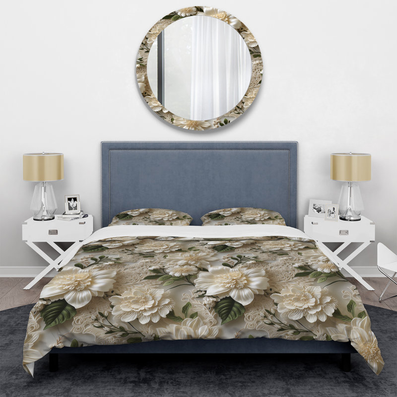 Literie rétro avec fleurs blanches et dentelle, Housse de couette pour très grand lit et 2 très
