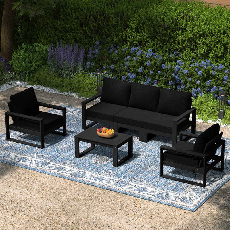 Patio Sectional 6-Piece Deep Seating Set With Black Frame, Black